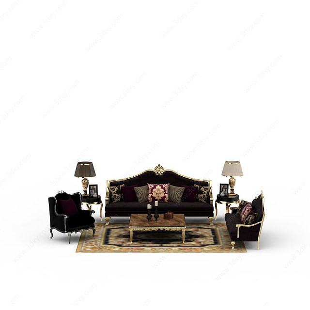 欧式黑色布艺沙发茶几组合3D模型
