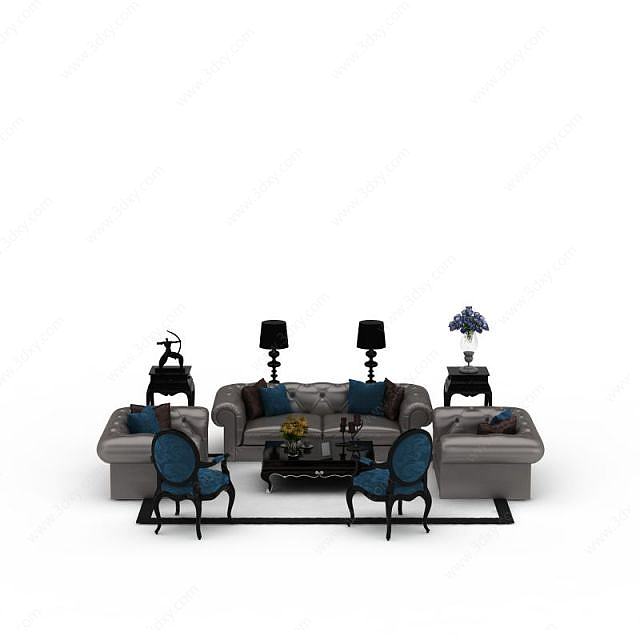 欧式灰色软包沙发茶几组合3D模型