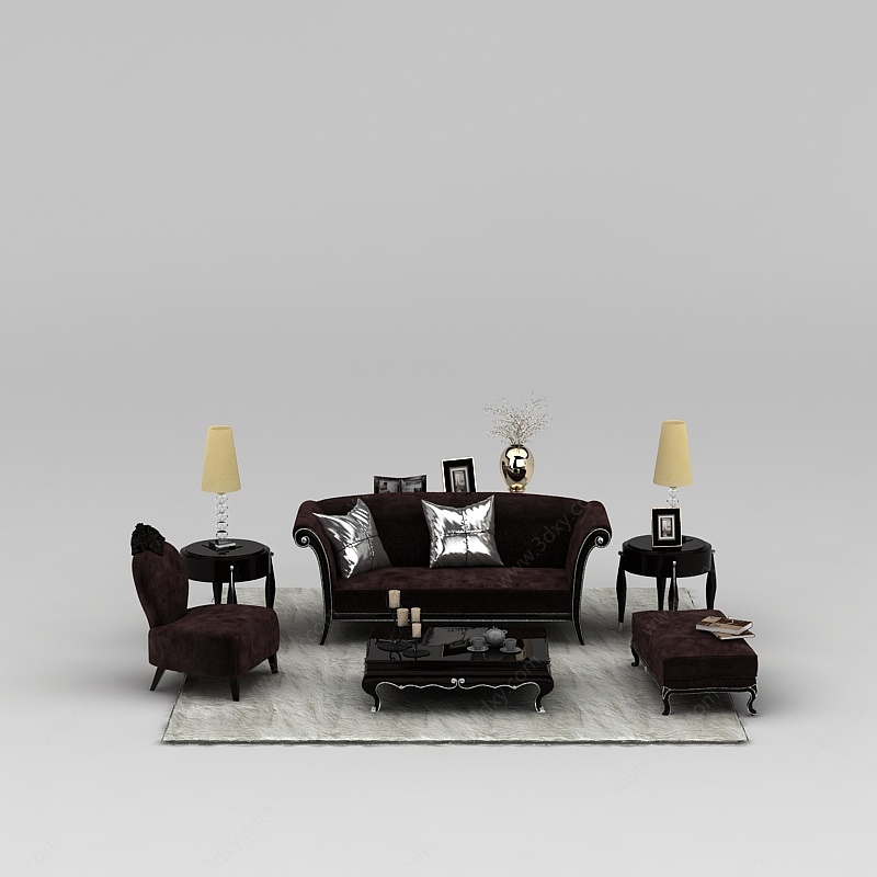 欧式咖啡色绒布组合沙发3D模型