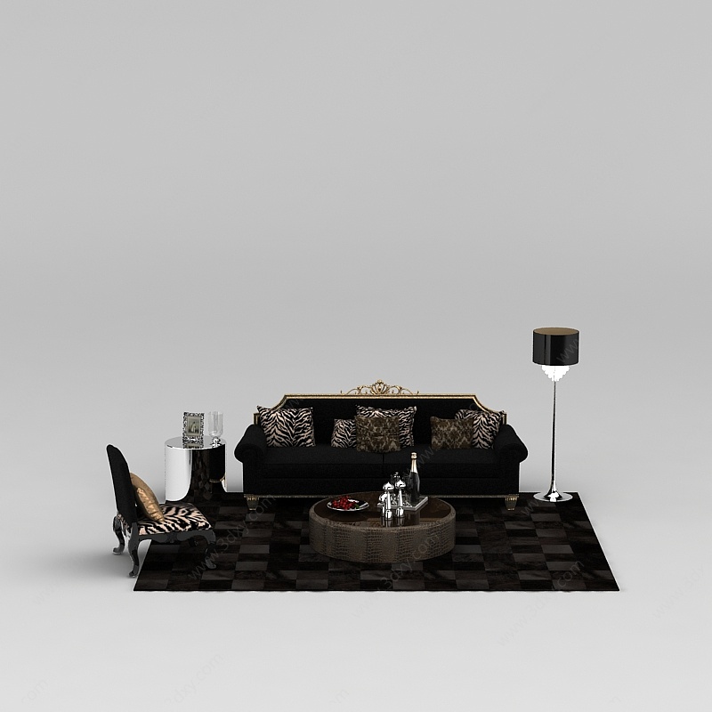 欧式黑色布艺组合沙发3D模型
