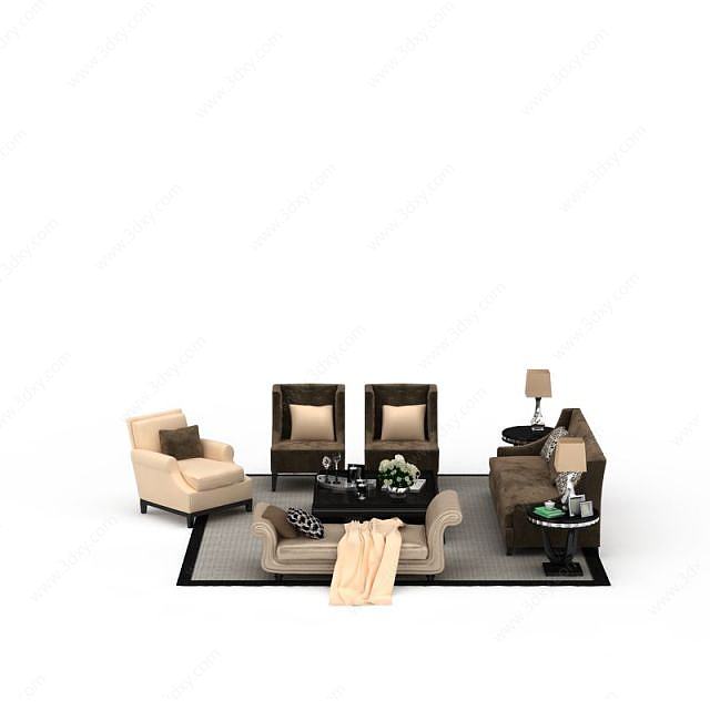 欧式咖啡色绒布沙发套装3D模型