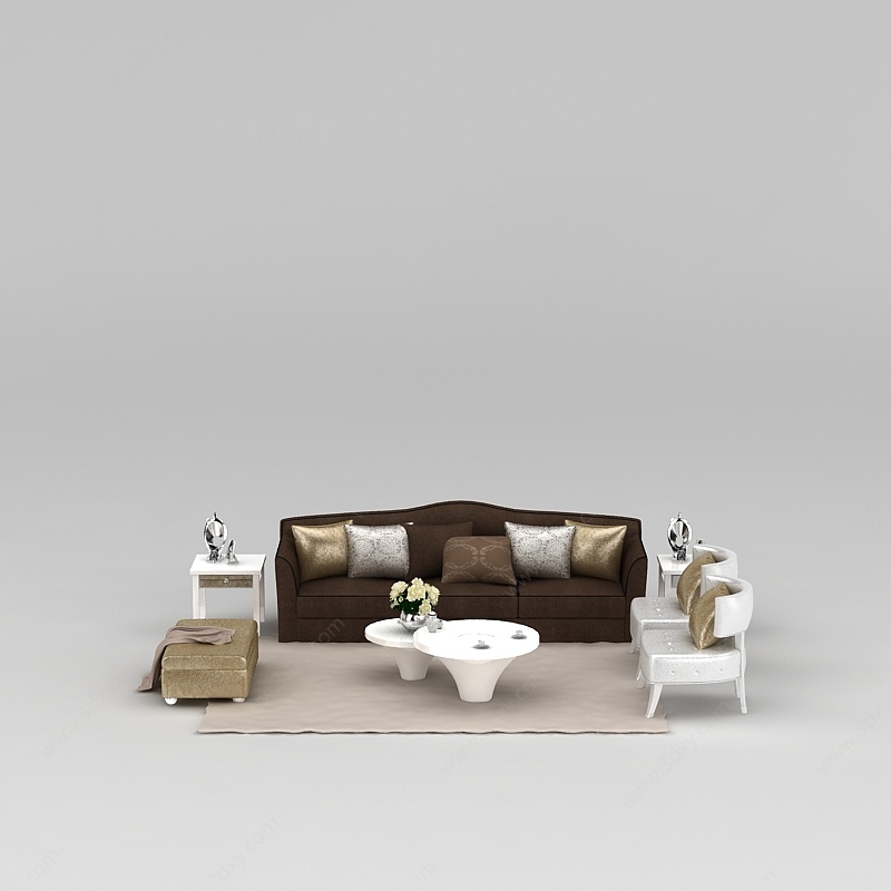 欧式咖啡色布艺沙发茶几组合3D模型