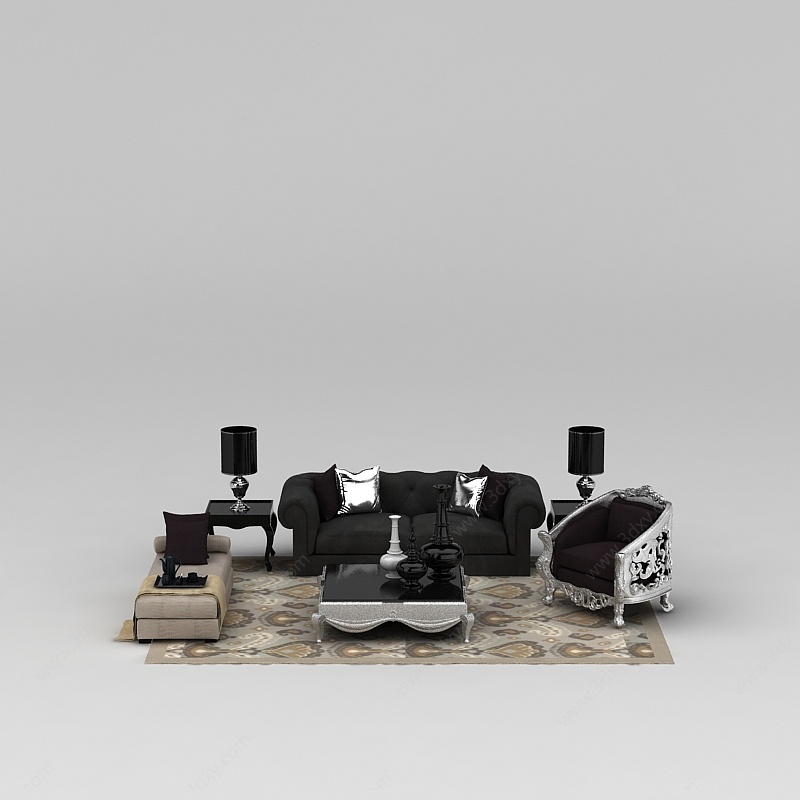 欧式黑色绒布组合沙发3D模型