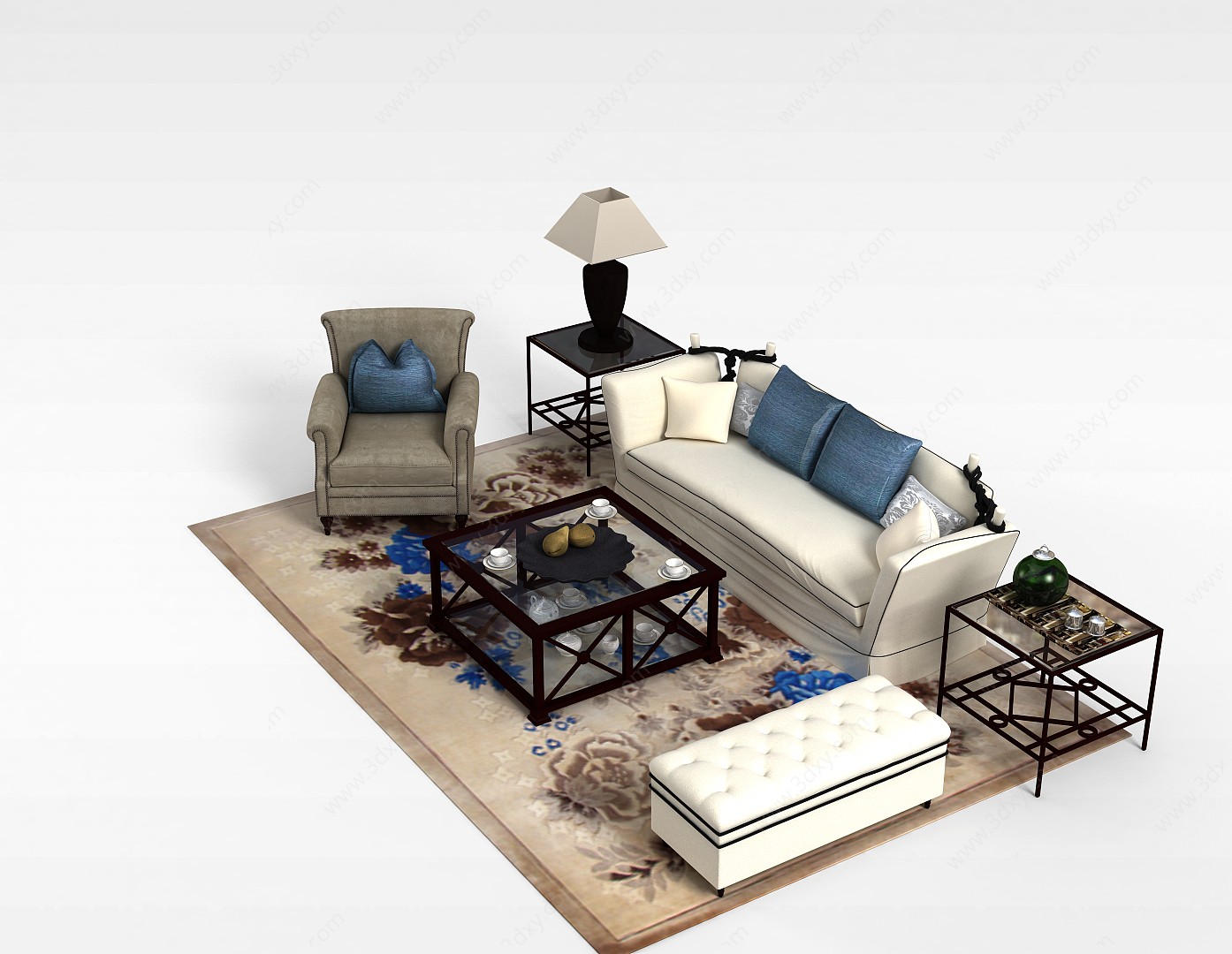 欧式浅灰色布艺组合沙发3D模型
