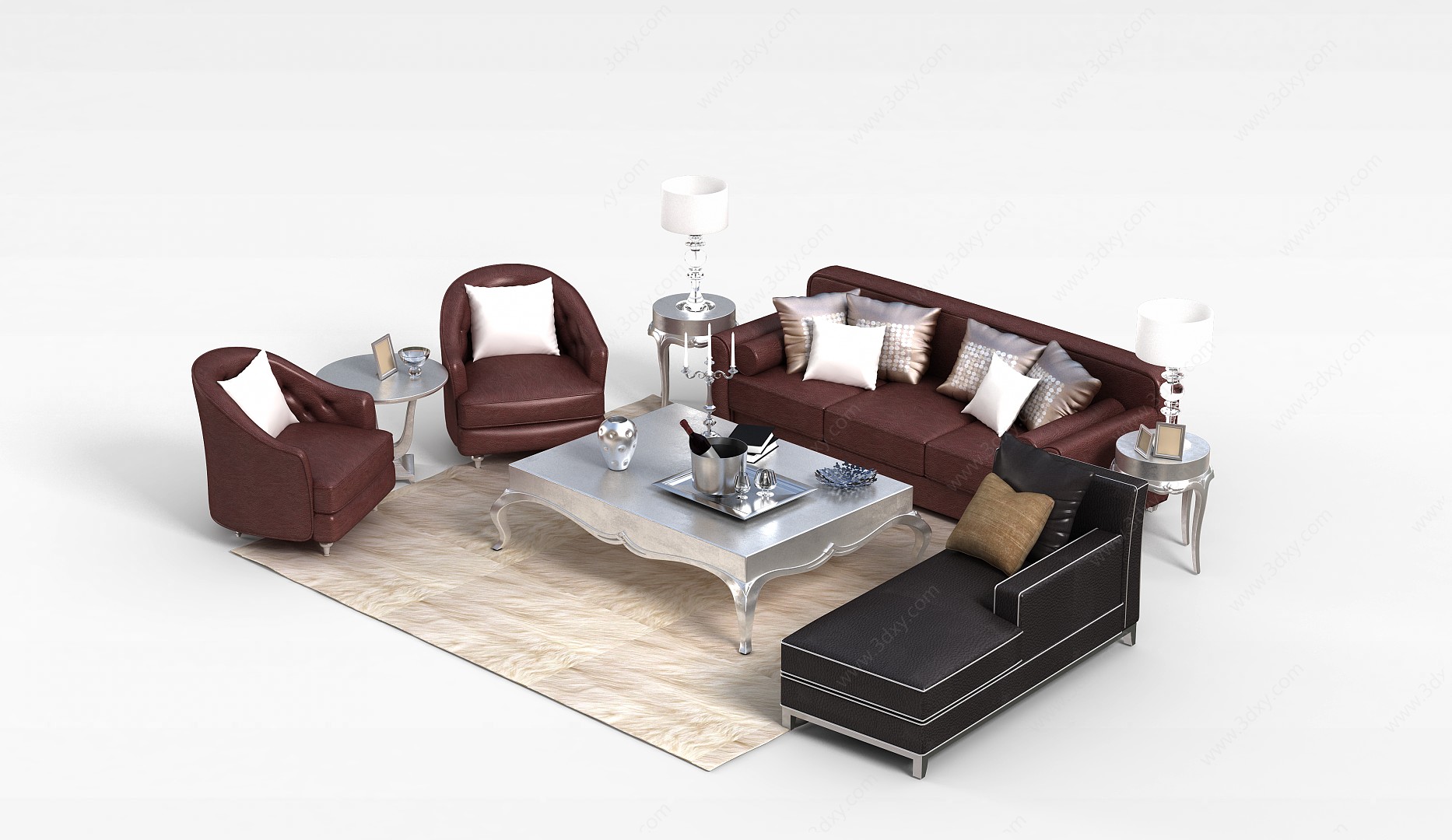 欧式红色组合沙发3D模型