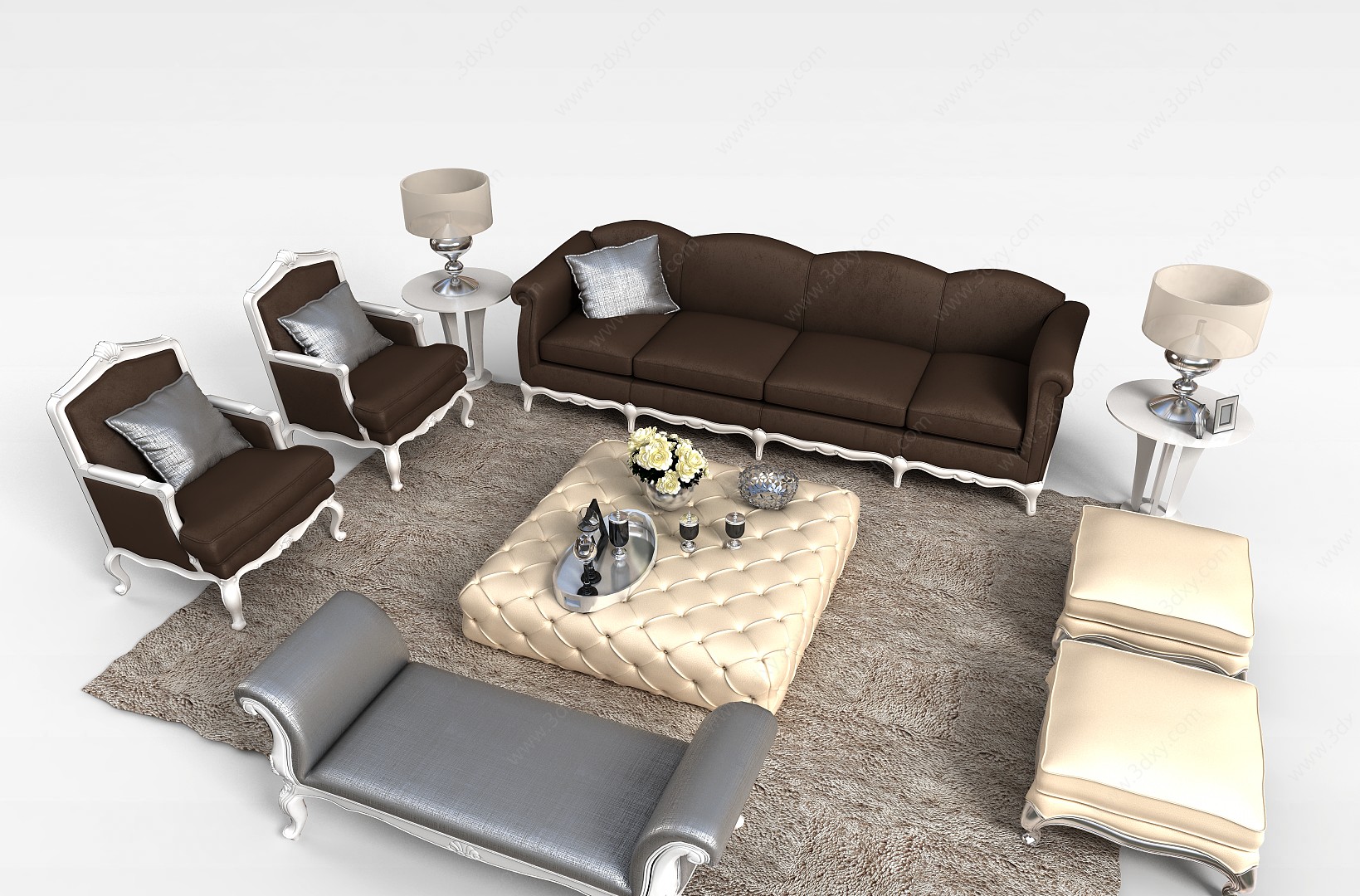 欧式咖啡色布艺组合沙发3D模型