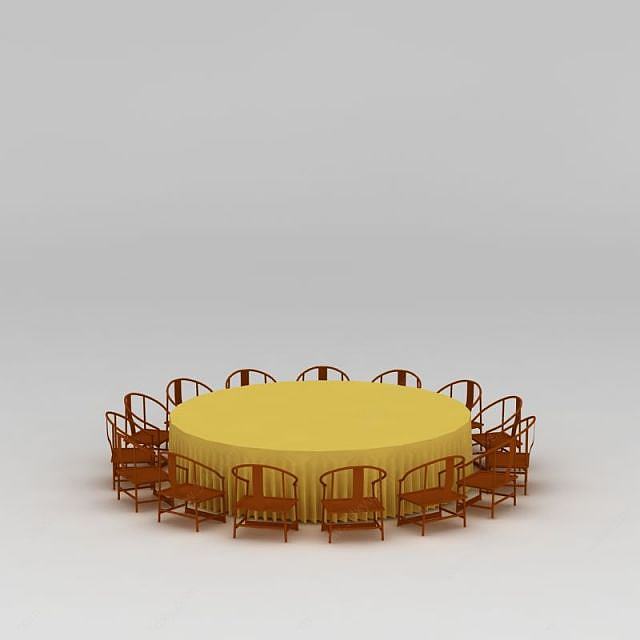 中式大型实木饭店桌椅组合3D模型