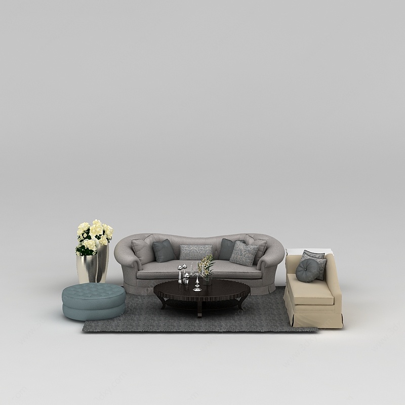 欧式灰色软包组合沙发3D模型
