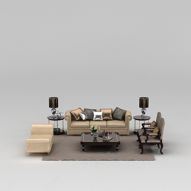 新中式沙发座椅茶几组合3D模型