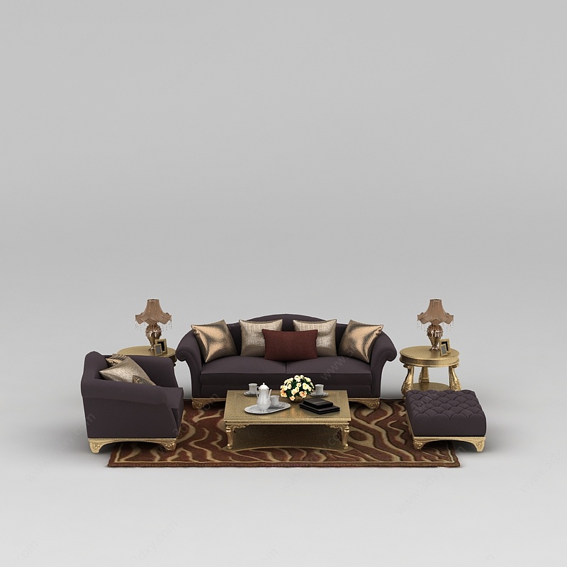 欧式紫色布艺组合沙发3D模型