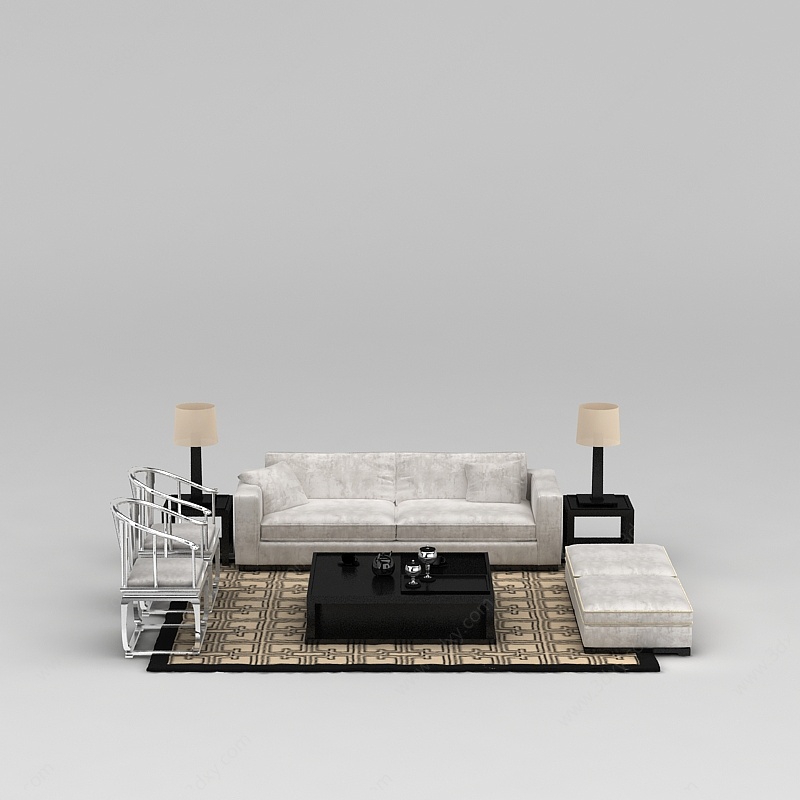 中式黑白拼色沙发茶几组合3D模型