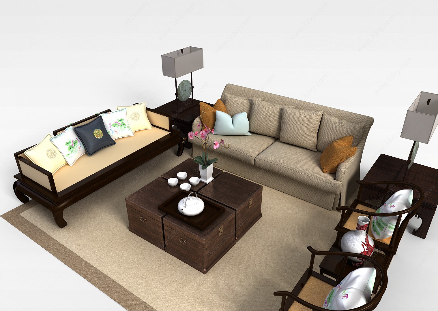 中式灰色布艺组合沙发3D模型