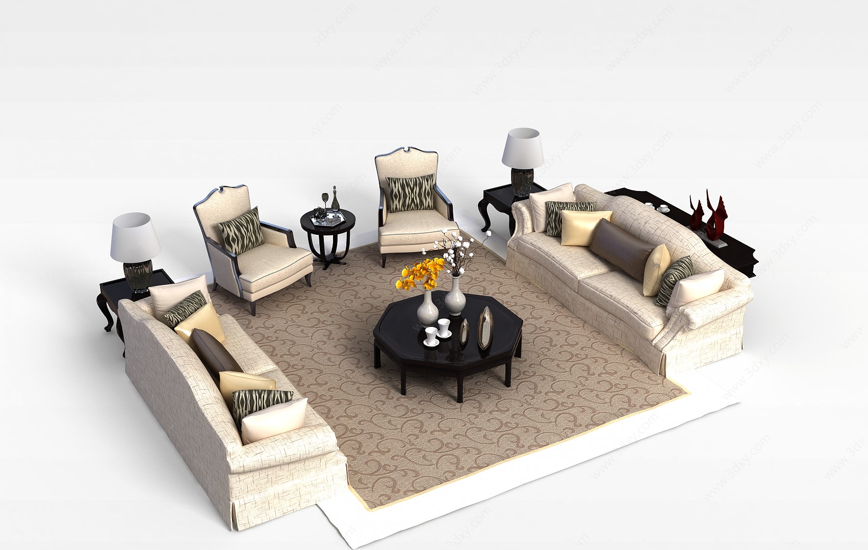 欧式印花布艺组合沙发3D模型