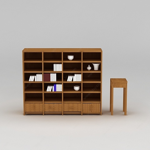 现代实木精美书柜3D模型