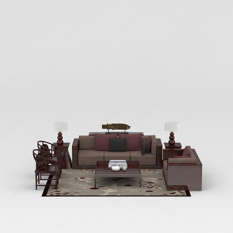 高档中式实木组合沙发3D模型