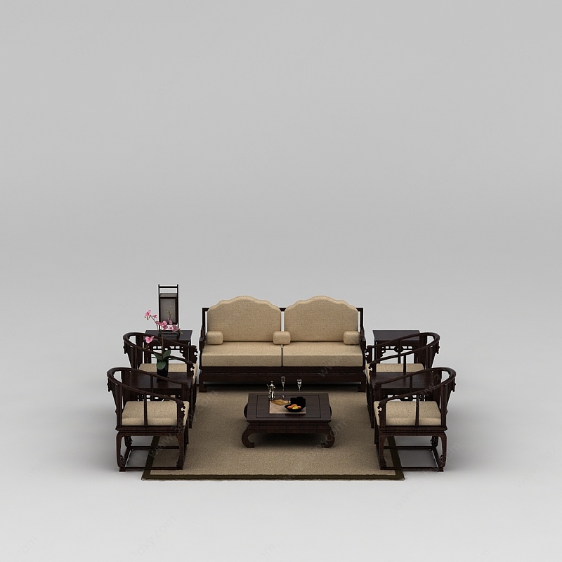 中式实木雕花沙发茶几组合3D模型