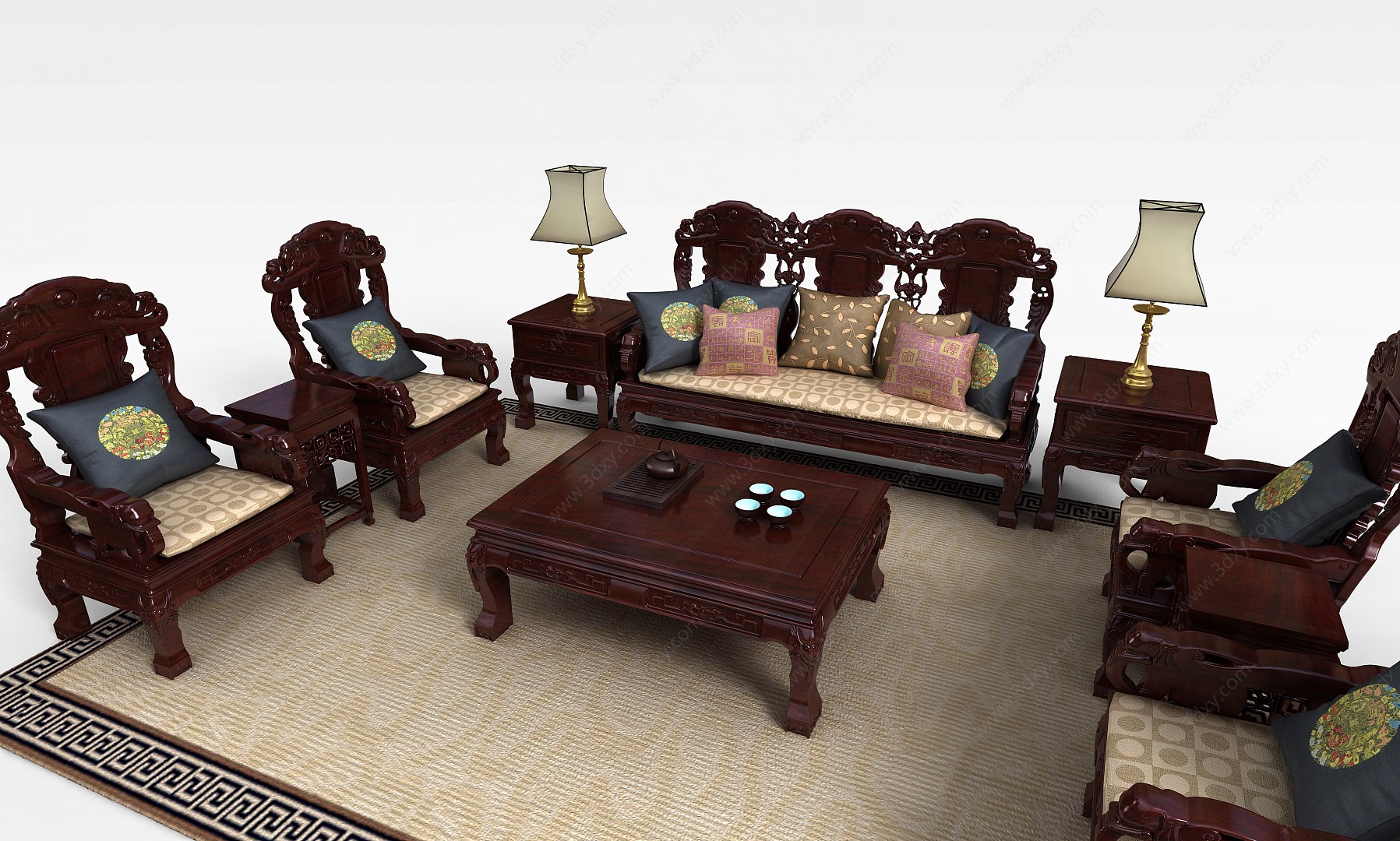 中式红木雕花组合沙发3D模型