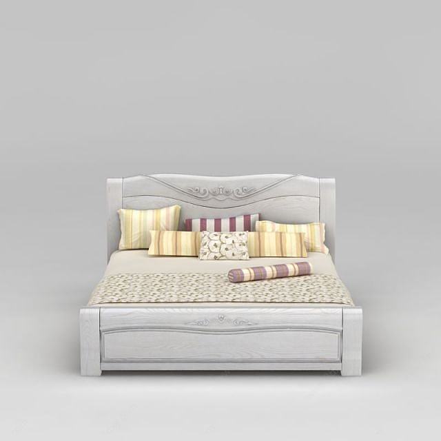 现代白色实木雕花双人床3D模型