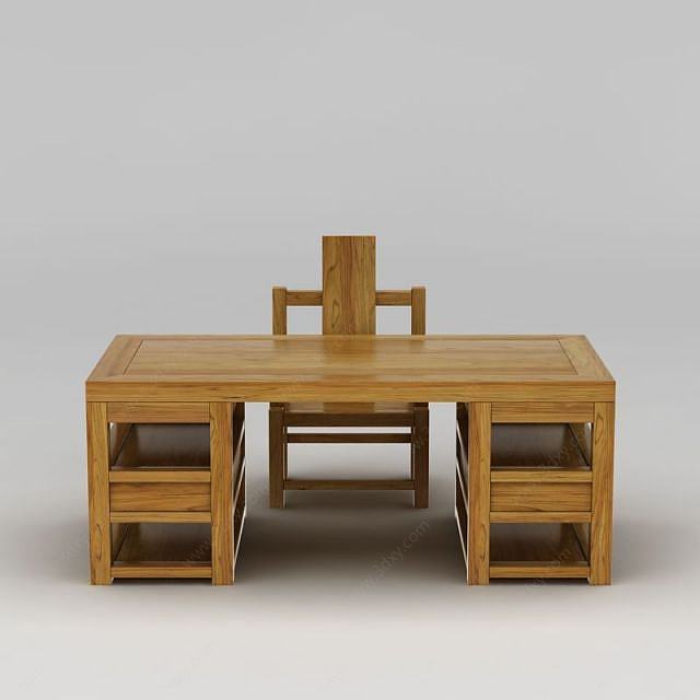 中式实木写字台桌椅组合3D模型