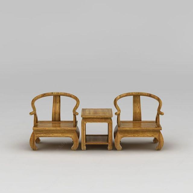 中式实木牛角桌椅套装3D模型