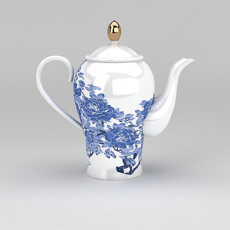 中式青花瓷茶壶3D模型