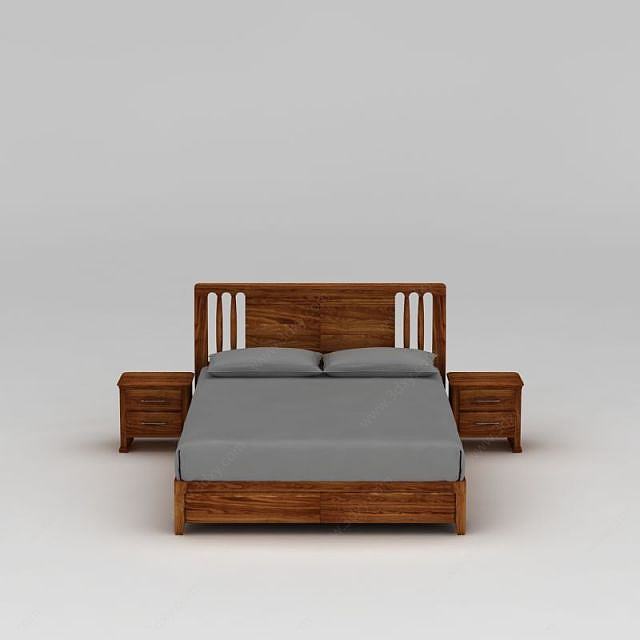 现代实木双人床3D模型