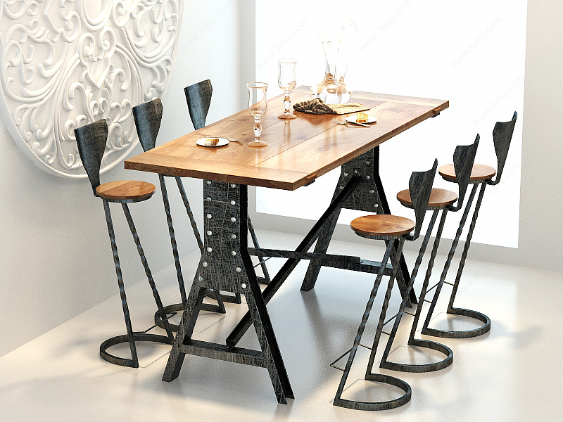 现代工业风餐桌椅3D模型