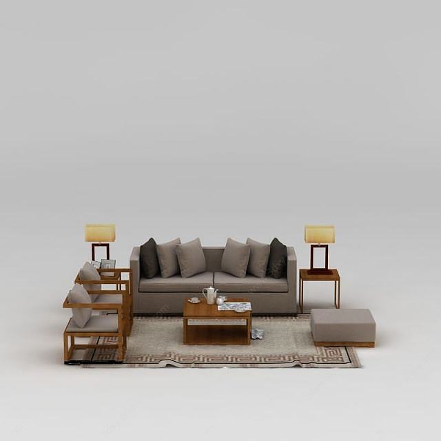 现代实木灰色布艺茶几沙发组合3D模型