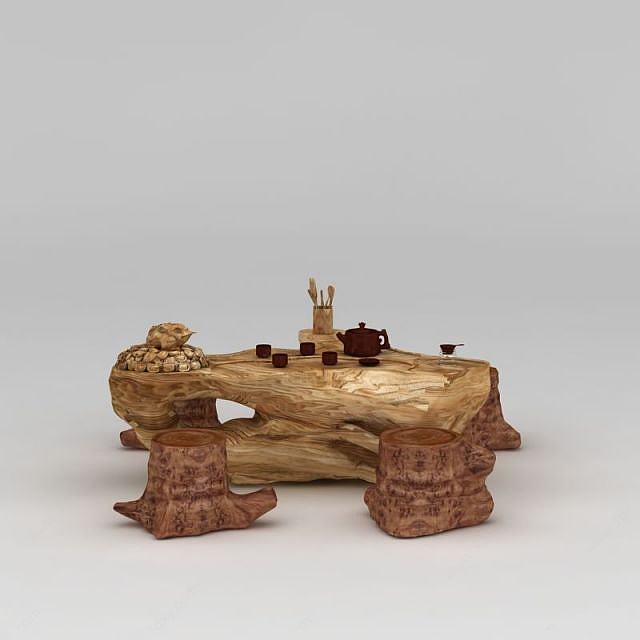 精品实木树雕根雕茶几凳子组合3D模型