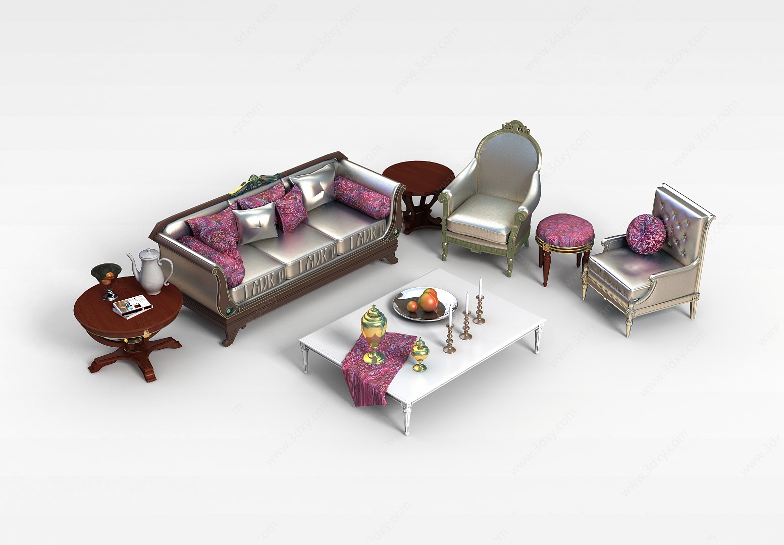 现代银色沙发茶几组合3D模型