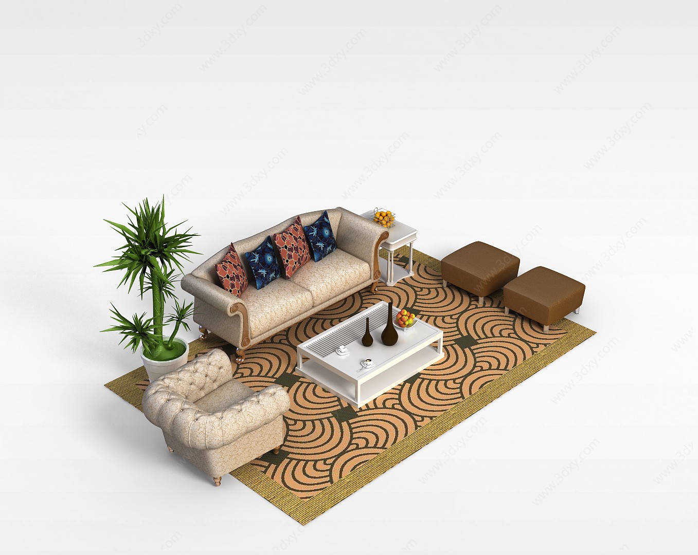 现代软包沙发茶几组合3D模型