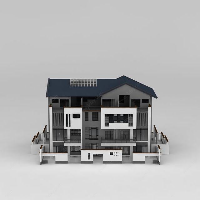 新中式徽派别墅建筑3D模型