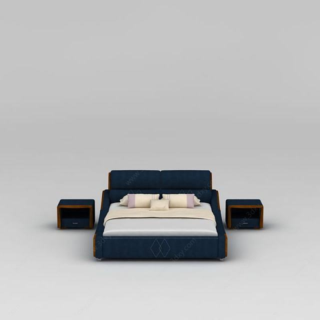 现代蓝色布艺软包双人床3D模型