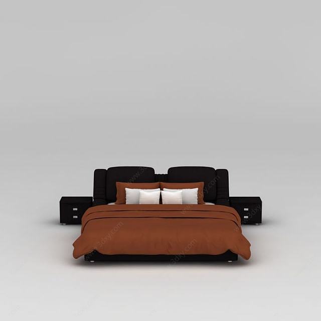 现代黑色布艺双人床3D模型