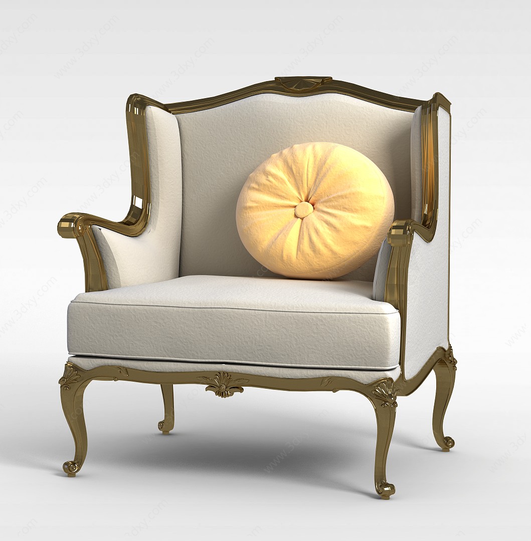 欧式灰色布艺金属雕花沙发椅3D模型