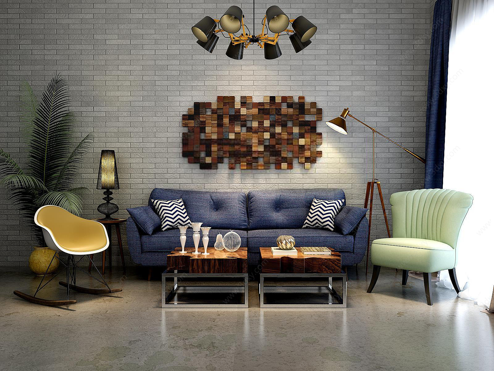 现代蓝色布艺沙发实木茶几组合3D模型