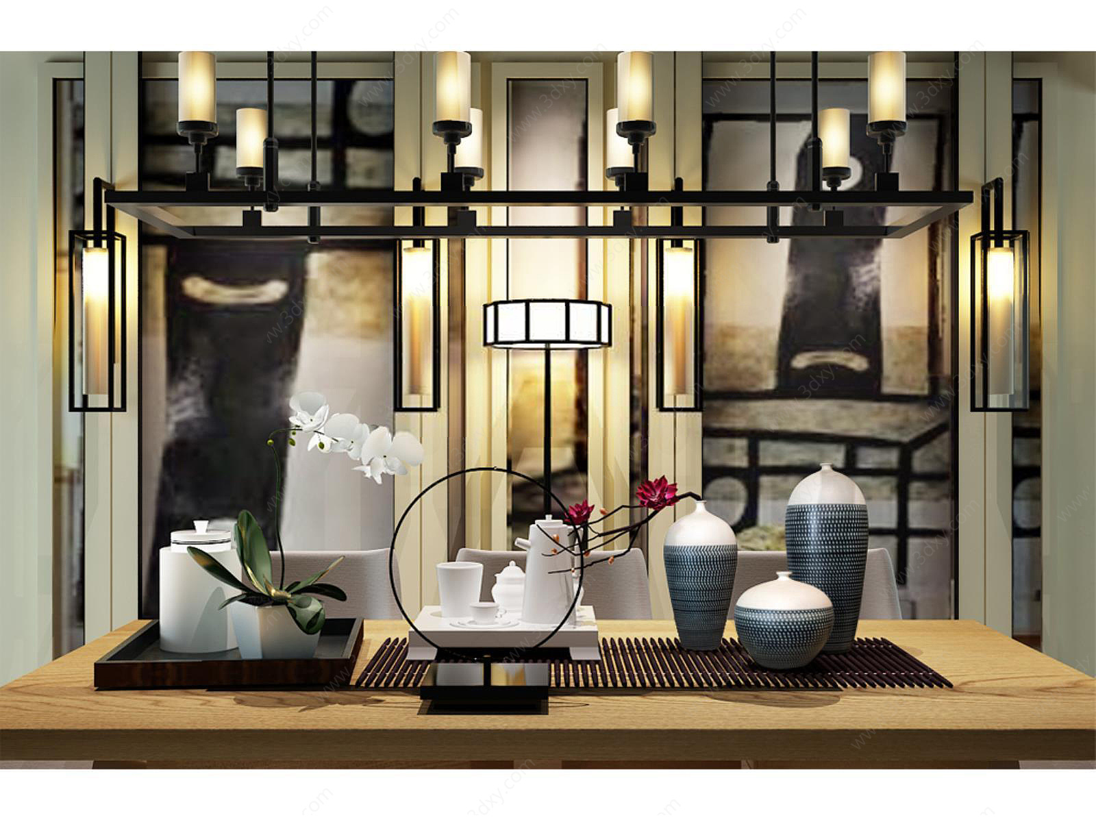中式吊灯桌椅饰品组合3D模型