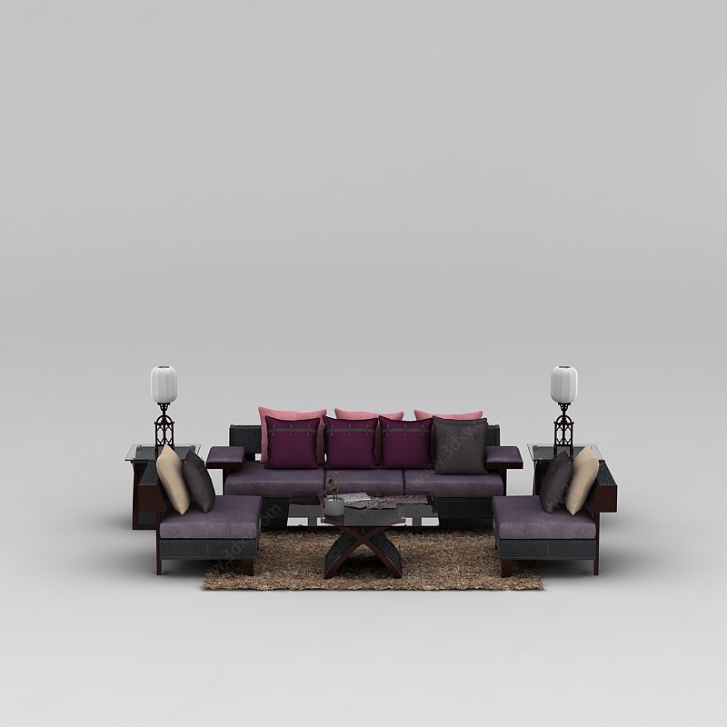 现代紫色沙发茶几组合3D模型