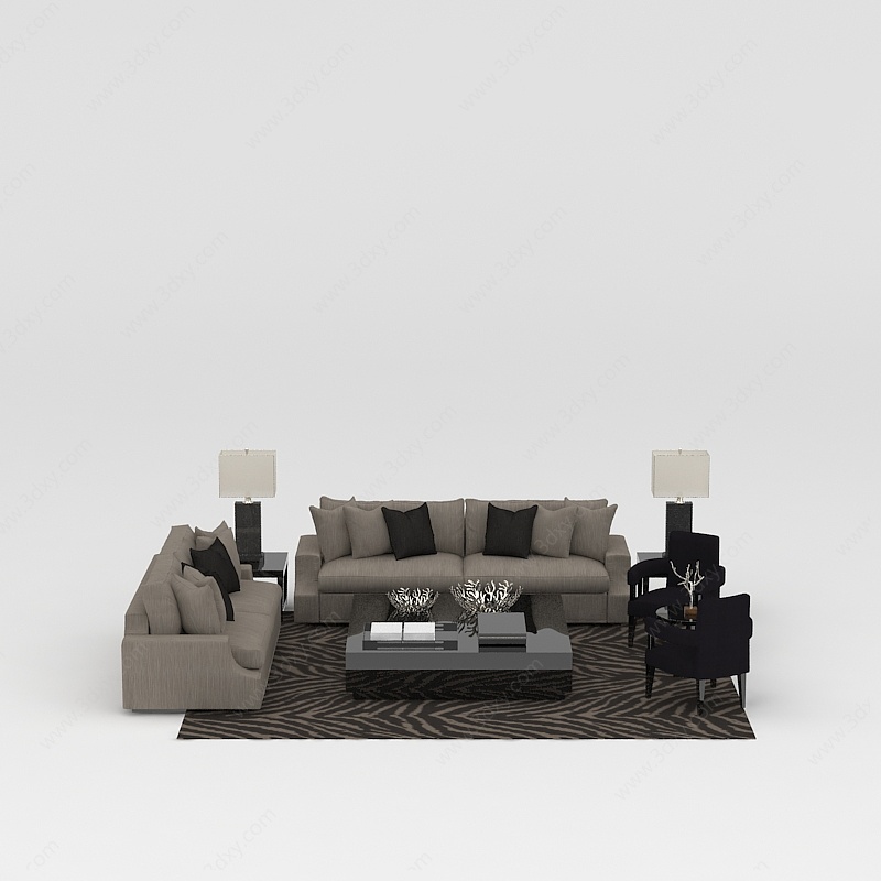 现代灰色布艺组合沙发3D模型