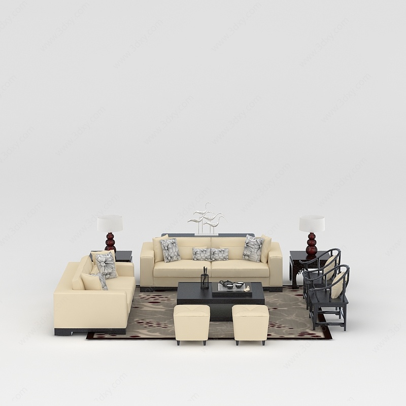 中式现代沙发茶几组合3D模型