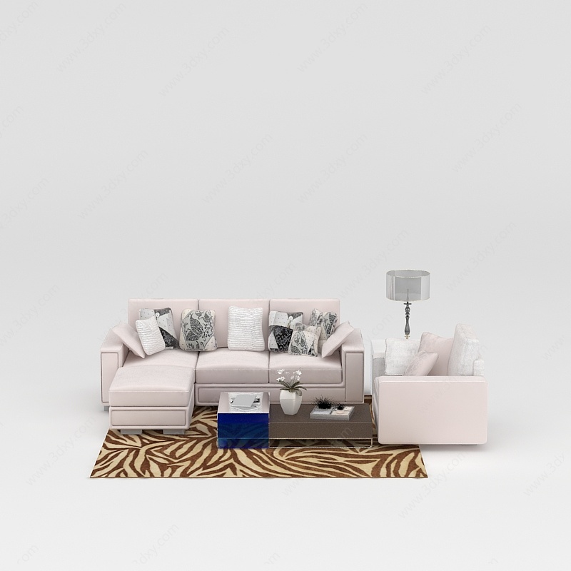 现代米色布艺沙发茶几组合3D模型