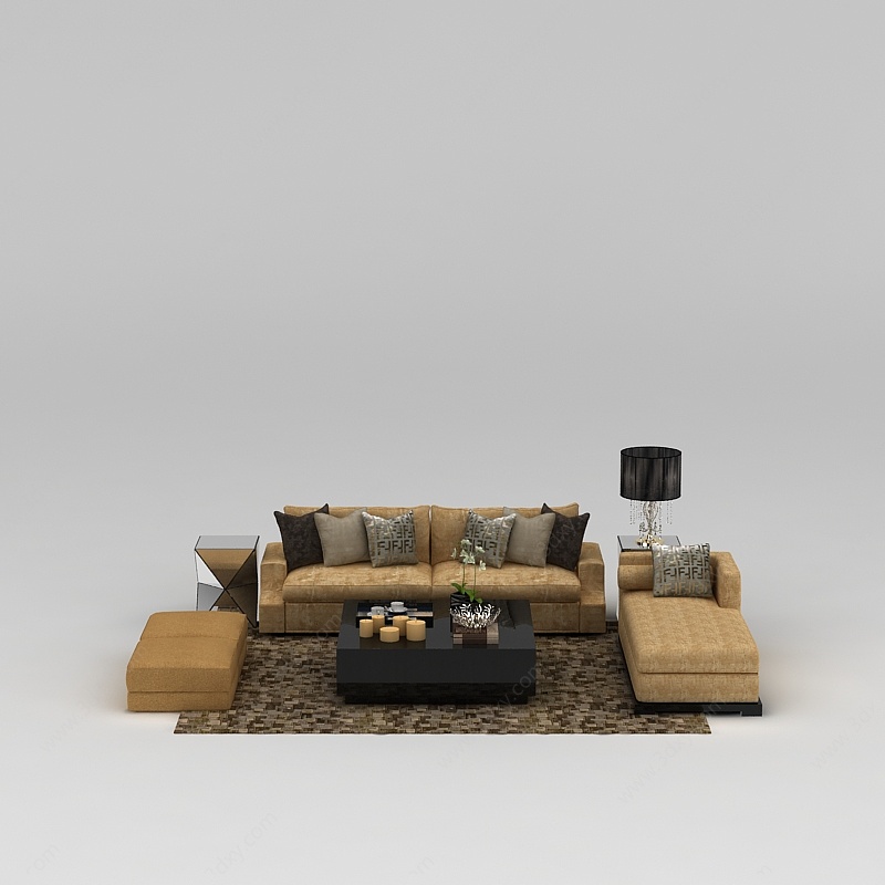 现代印花布艺沙发茶几组合3D模型