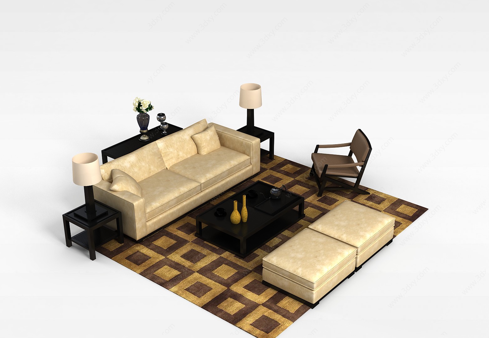 现代米色印花布艺沙发茶几套装3D模型