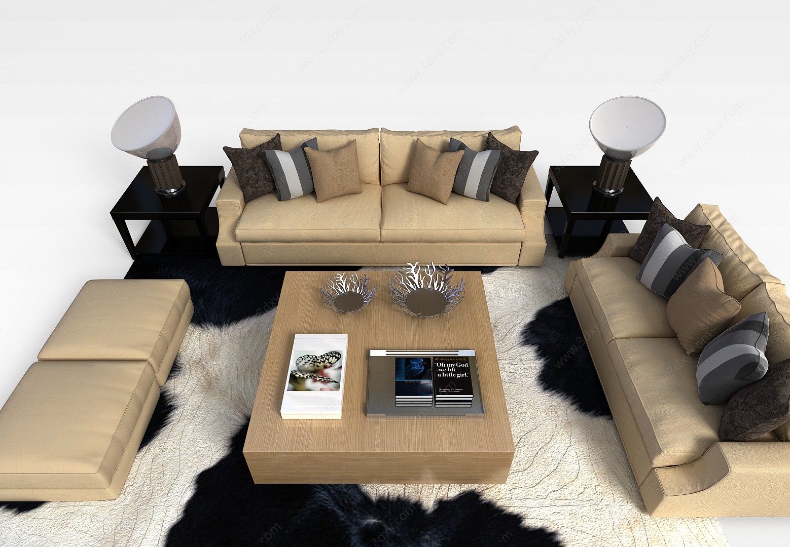 现代米色沙发茶几组合3D模型