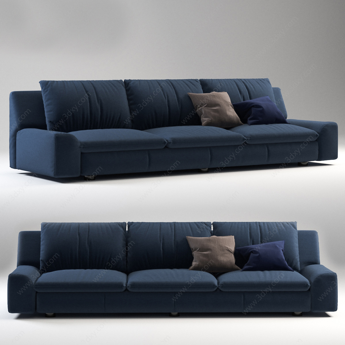 现代蓝色布艺多人沙发3D模型