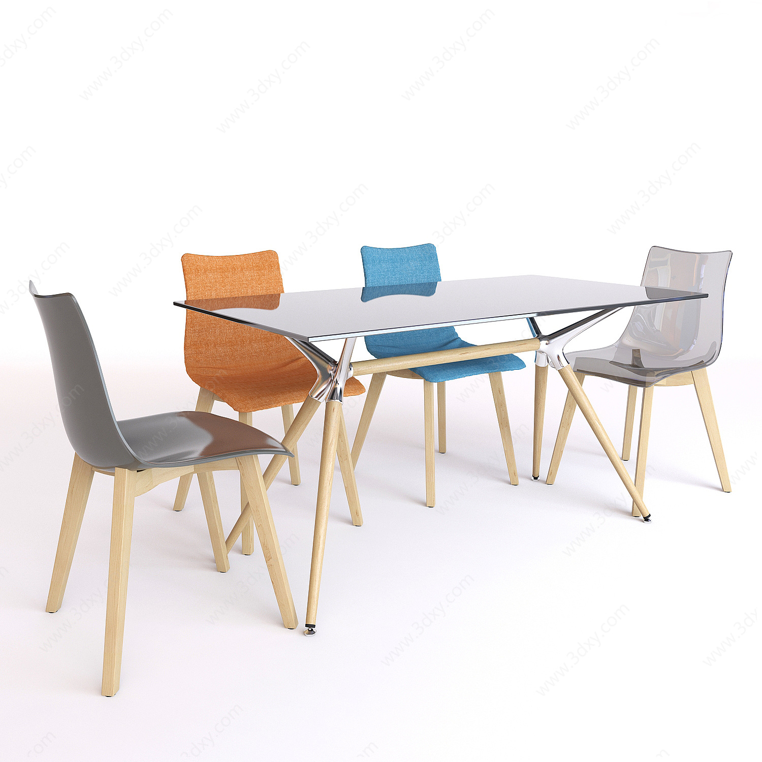 现代透明餐桌餐椅组合3D模型