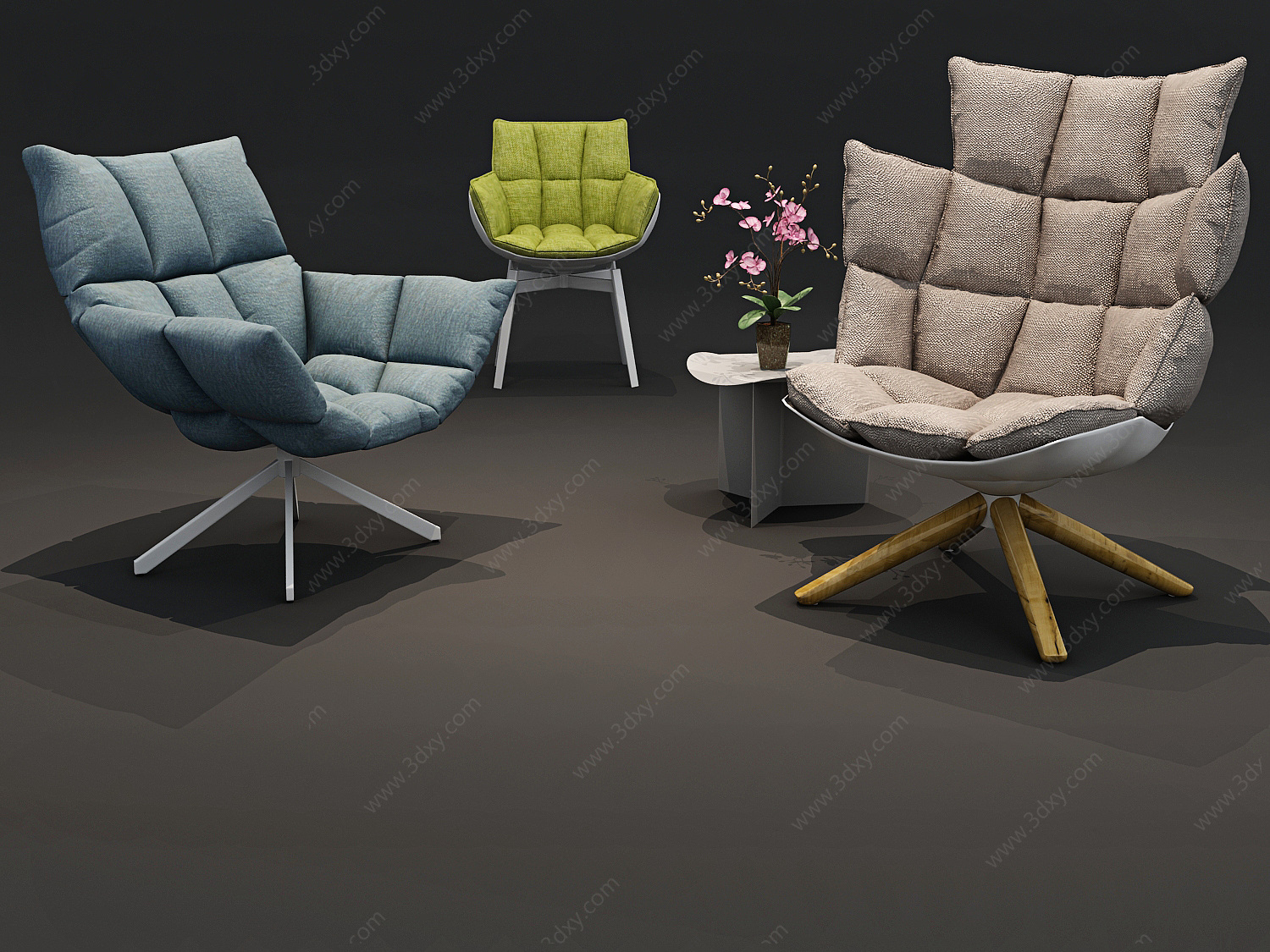 现代软包布艺休闲椅组合3D模型
