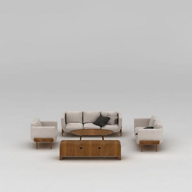 现代实木沙发茶几组合3D模型