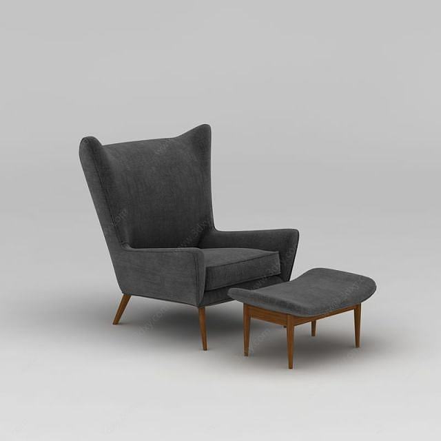 现代灰色布艺休闲椅脚凳组合3D模型