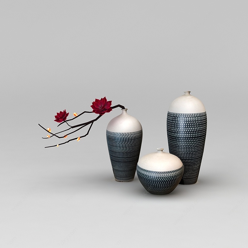 日式陶瓷印花艺术花瓶3D模型
